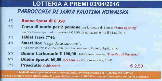 Lotteria di S.Faustina Estrazione del 03.04.2016